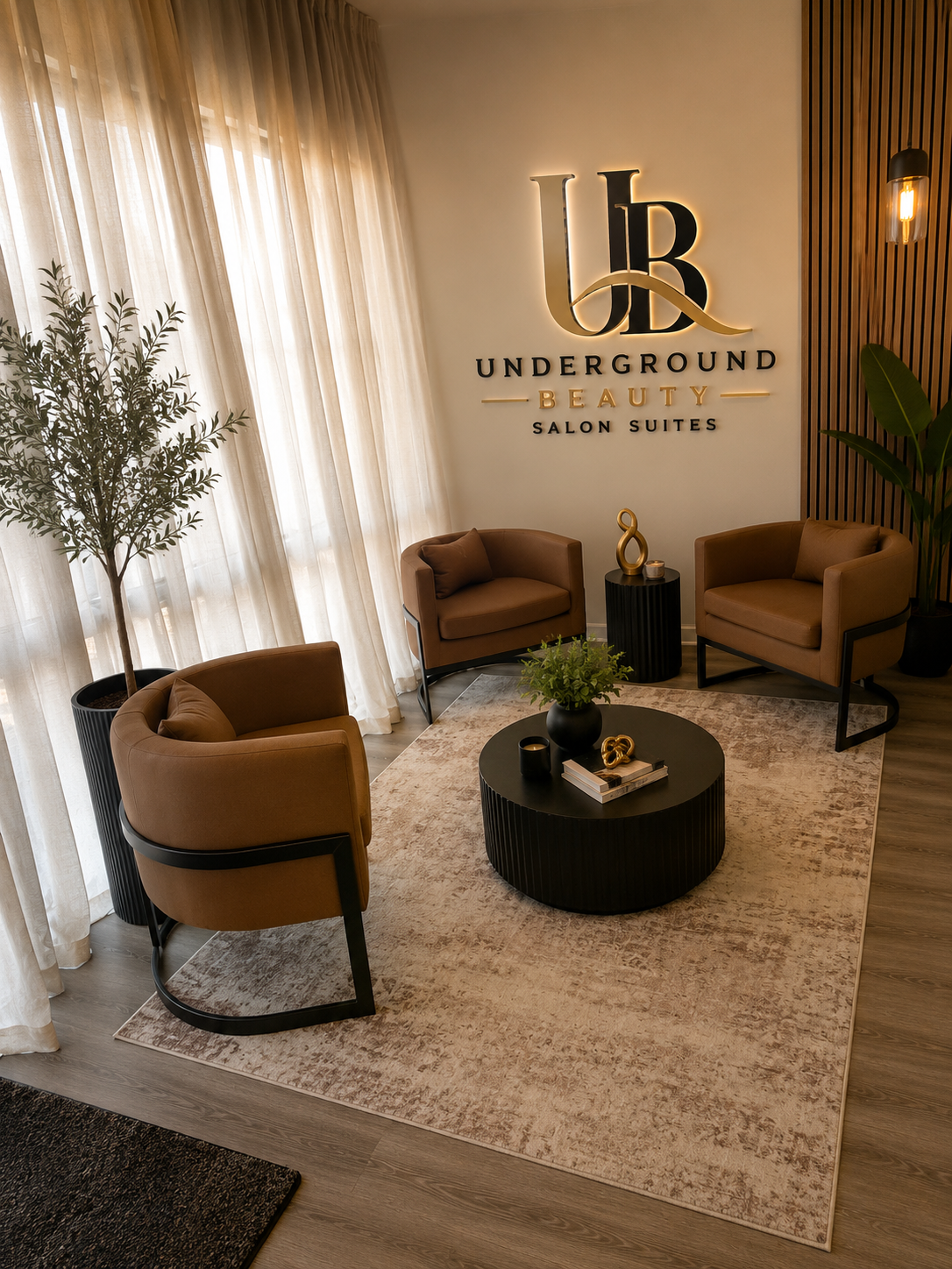 Underground Beauty Salon Suites welcoming lounge with branded wall logo